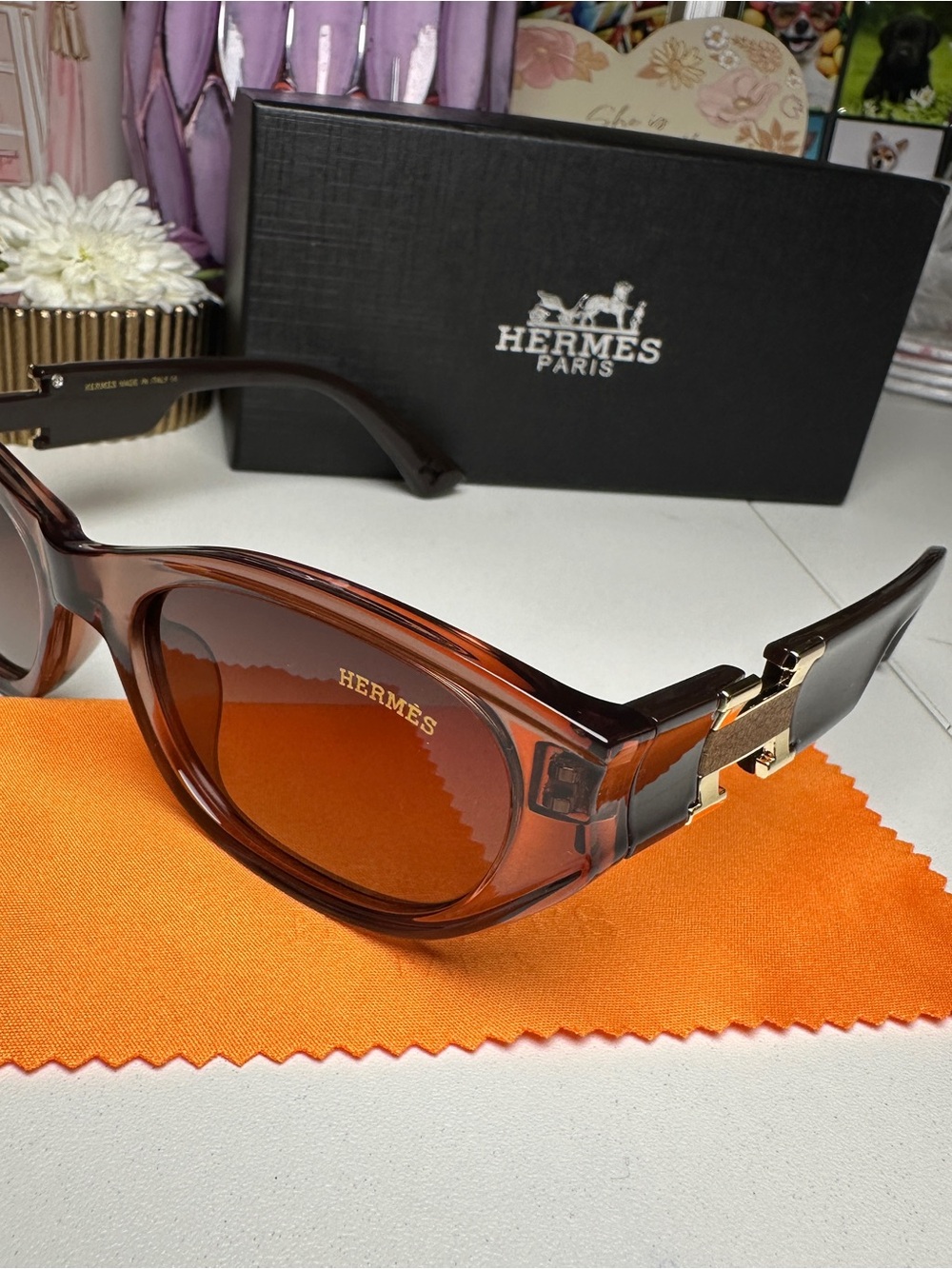 Hermès Dark Brown Sunglasses with Gold Accents